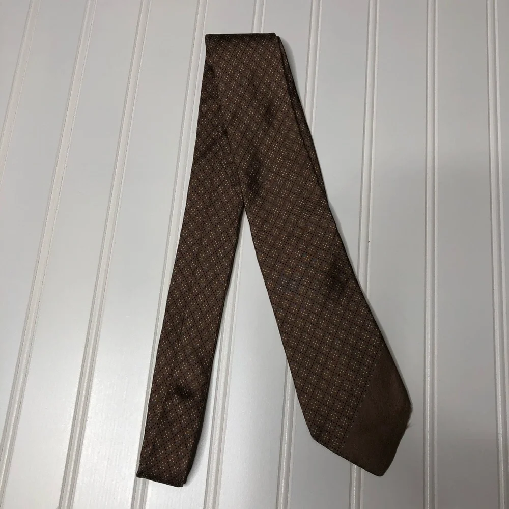 Givenchy brown silk tie with blue and cream dots